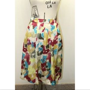 Relativity Women Skirt Abstract Print Red Blue Shiny Lined Pleated 34 Sz 10